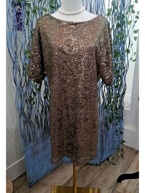 Gilded Twilight Enchantress Bronze Sequin Embroidered Mesh Cocktail Dress Size 8